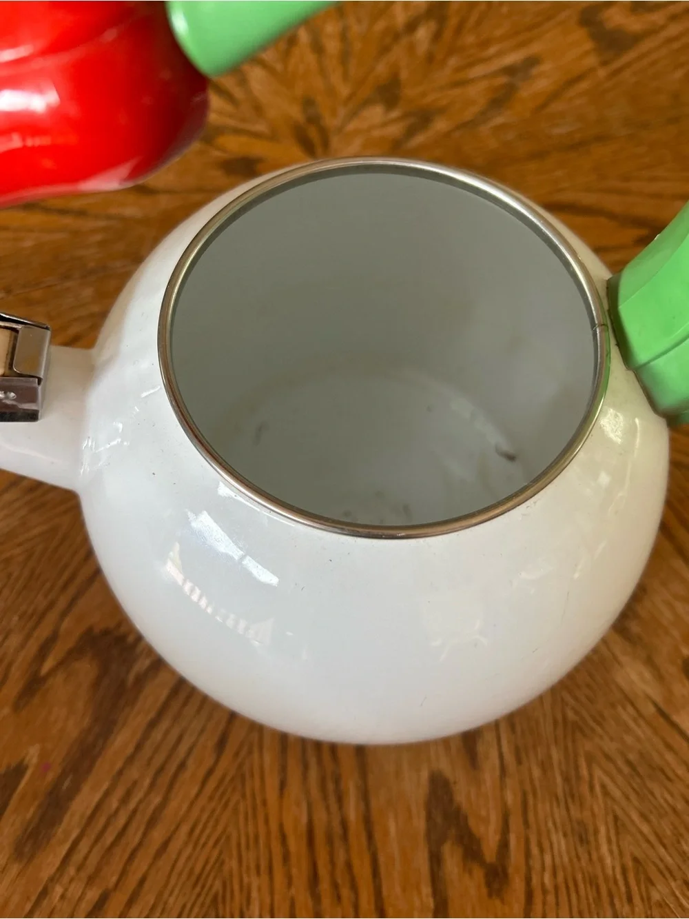 Vintage Via Ancona Tulip and Hummingbird White Enamel Teapot (Missing Lid)